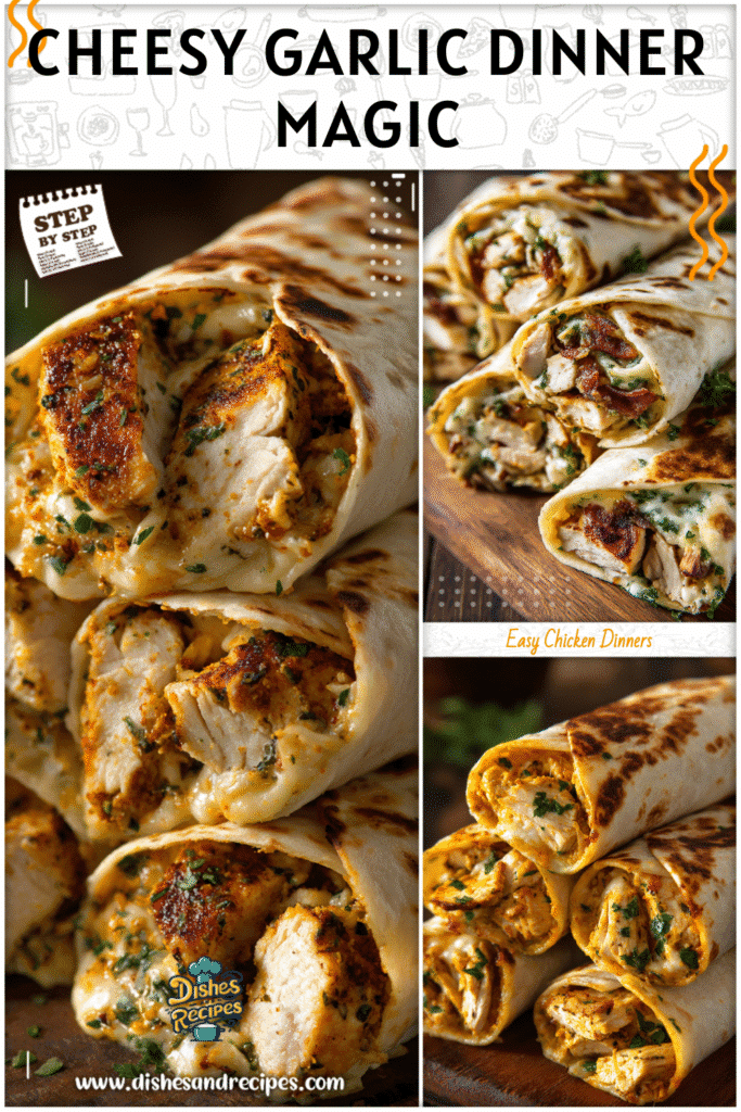 Cheesy garlic chicken wraps filled with chicken, cheese, and herbs served as easy on the go dinners.